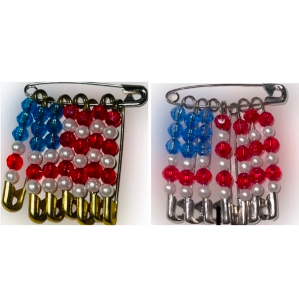 🔴Handmade Patriotic Beaded Flag Pins Red White Blue Vintage Brooch Set of 2